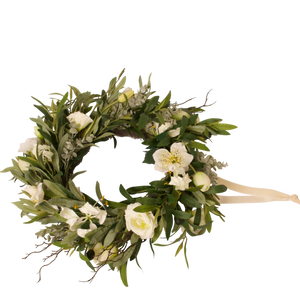 Kunstbloemen krans met witte bloemen, groene bladeren en lint, decoratief interieur WiNQ