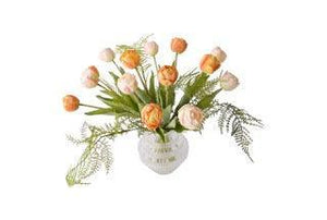 kunstboeket van 24 tulpen(42cm)  in de kleuren oranje en roze in een glasvaas