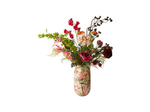 Kunstbloemen boeket in roze en fuchsia met onder andere ranonkel en dahlia compleet gebonden en op vaas gepresenteerd lengte 70cm en diameter 40cm 