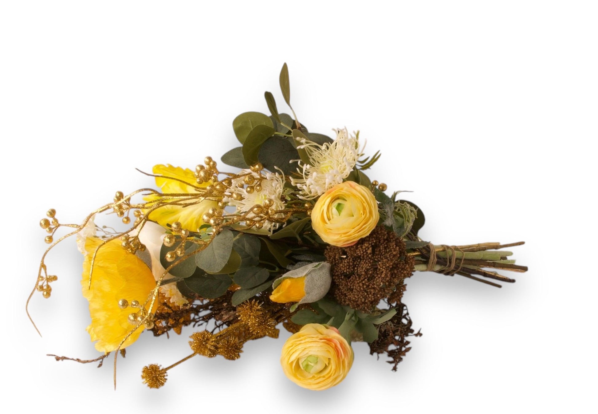 Gebonden boeket zijden bloemen met diverse bloemen proteadistel, papaver,tulp en andere