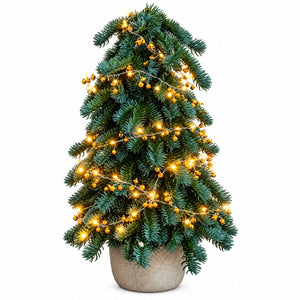 Sfeervolle groene kunstkerstboom 40cm hoog met Ledverlichting en decoratieve gouden belletjes