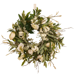 Kunstbloemen krans met witte bloemen en groene bladeren voor interieurdecoratie - WinQ