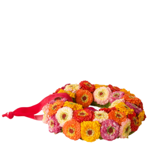 Kleurrijke kunstbloemenkrans met oranje, roze en gele bloemen en rood lint, diameter 38cm decoratie - WinQ