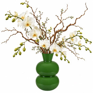ronde bollen vaas van metaal 30cm hoog in hoogglans groen met kunsttakken van orchidee en twijgen - WinQ