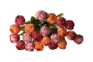 Boeket kunsttulpen in de kleuren rood, mauve en warm oranje van voren gefotografeerd - WinQ