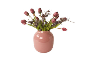 15 kunsttulpen gebonden met zwart bes op een mauve kleurige vaas  als productfoto - WinQ