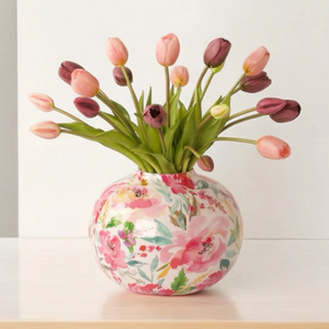 Kunsttulpen in de kleuren roze en mauve totaal 20 stuks op een metalen vaas met hoogglans bloemmotief - WinQ