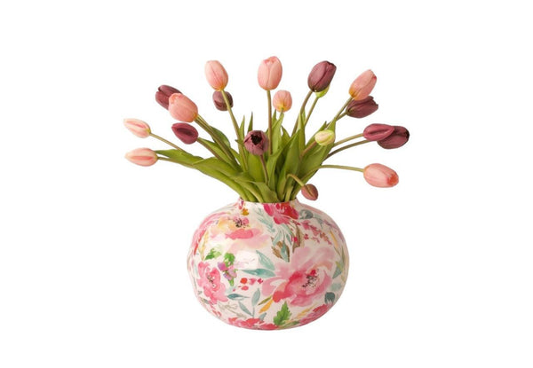 20 stuks Mauve en roze tulpen op een hoogglans metalen vaas met bloemmotief WinQ