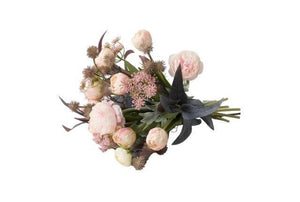 Kort Gebonden Boeket Kunstbloemen Zacht Rozebos Tulp zacht roze Fluitekruid Roze kastanje Stone Ranoinkel Roze Tack Eucalyptus Grijs/ Rood liggend gefotografeerd