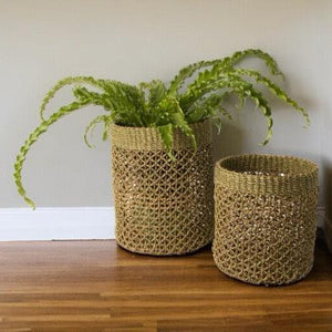sfeerfoto van 2 manden van Abaca  waarvan een met plant op ee houten vloer met een lichte muur