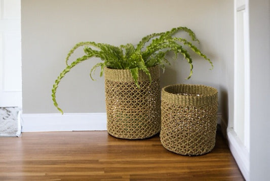 sfeerfoto van 2 manden van Abaca  waarvan een met plant op ee houten vloer met een lichte muur