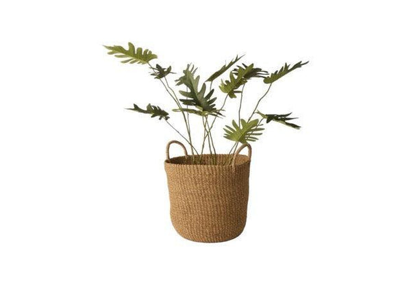 pPlantenmand van Abaca met Handvat Naturel 30x25cm en groene  palm