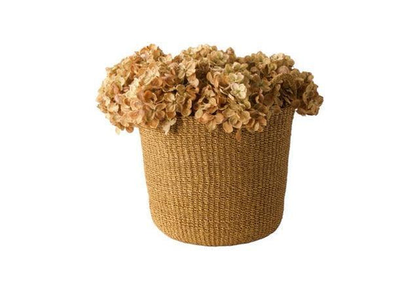 Plantenmand Abaca Handvat Beige 26x20cm met hortensia kunstbloemen
