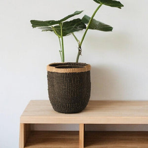 mand abaca small hoog 23cm diameter 21cm op een tafel met een groene plant