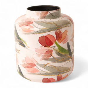 Metalen vaas in hoogglans wit met een print van rood, roze en oranje tulpen in de maat 20x23cm - WinQ