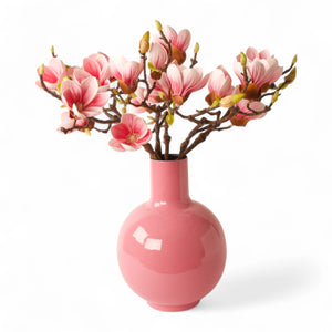 Bolle metalen vaas pink met 6 magnolia kunsttakken pink - WinQ