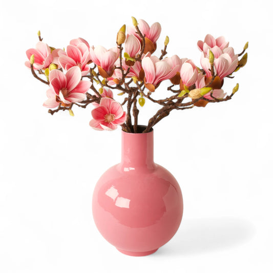 Bolle metalen vaas pink met 6 magnolia kunsttakken pink - WinQ