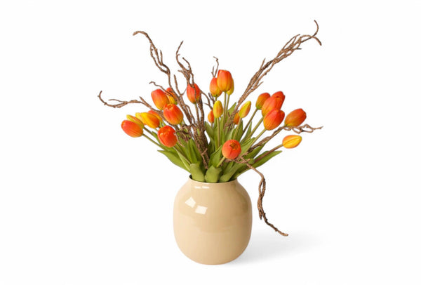 Metalen vaas Bloom in Beige 19x19x20cm met oranje tulpen boeket - WinQ