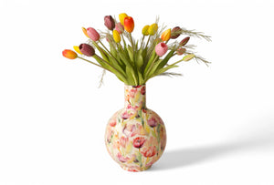 Grote metalen vaas met een print van tulpen in multicolor met een boeket kunsttulpen - WinQ
