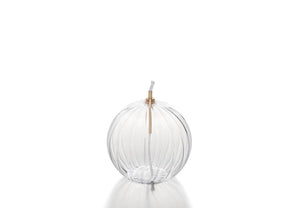 Olielamp diameter 10cm van helder glas met een verticale ribbelstructuur inclusief lont en houder 