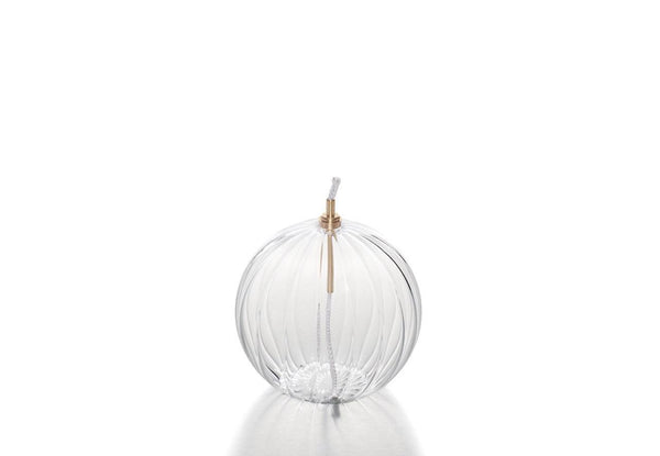 Olielamp diameter 10cm van helder glas met een verticale ribbelstructuur inclusief lont en houder 