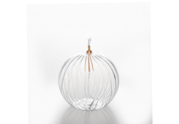 Olielamp diameter 12cm van helder glas met een verticale ribbelstructuur inclusief lont en houder 