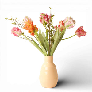Artificial flower bouquet with pink and orange flowers in beige vase, WinQ home decor