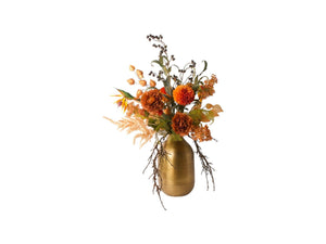 Kunstbloemen in diverse najaarskleuren op een goudkleurige hoogglansvaas