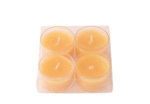 Verpakking van 4 stuks theelichten in de kleur oker in een helder cupje