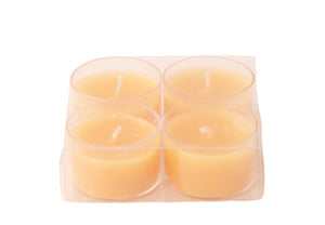 Verpakking van 4 stuks theelichten in de kleur oker in een helder cupje
