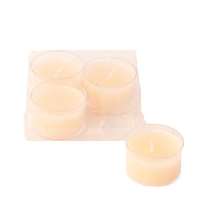 4 Waxinelichtjes met diameter 3,8cm in een helder plastic doosje in de kleur off white 1 lals voorbeeld naast het doosje