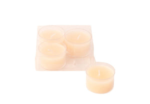 4 Waxinelichtjes met diameter 3,8cm in een helder plastic doosje in de kleur off white 1 lals voorbeeld naast het doosje