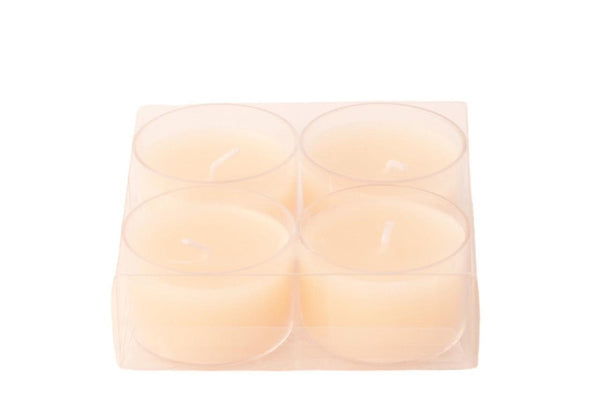 4 Waxinelichtjes met diameter 3,8cm in een helder plastic doosje in de kleur off white productfoto