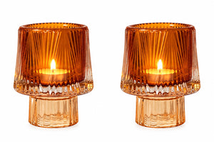 Waxinelichthouders Glas Amber – Set van 2 – Glazen Waxinehouders – Sfeervolle Kaarsenhouders