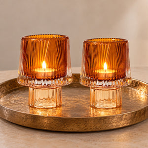 Waxinelichthouders Glas Amber – Set van 2 – Glazen Waxinehouders – Sfeervolle Kaarsenhouders