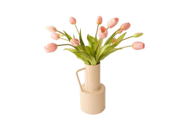 roze tulpen met groen blad  15 stuks gepresenteerd op een off white kleurige vaas als productfoto - WinQ