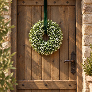 Witte krans van gipskruid met een diameter van 35cm hangend aan groen lint op een rustieke voordeur - WinQ