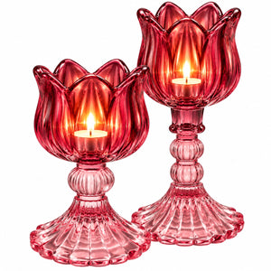 Set van 2 glaskandelaren op voet 14 en 21,5cm hoog in rood en pink - WInq