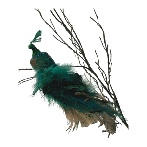 Decorative green and beige feathered bird ornament perched on bare twig branch