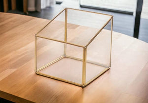 Terrarium zonder deksel van glas met metalen frame op een houten tafel 
