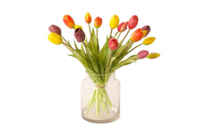20 stuks kunsttulpen  in een glasvaas in 5 verschillende kleuren, geel,mauve, oranje, fuchsia  - WinQ