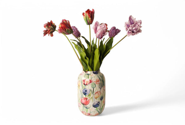 Kunsttulpen op een vaas met tulpenprint in blauw rood groen - WinQ