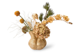 Tulpenvaas met 5 gaten en boeket met kunstbloemen in goud en oker waaronder Physalis en Ginko