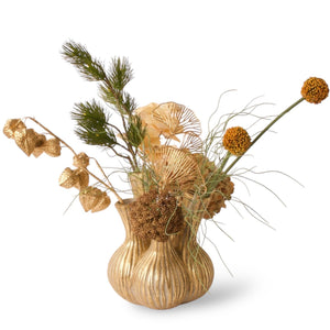 Tulpenvaas in goudkleur met 5 gaten opgemaakt met kunstbloemen in goud en oker