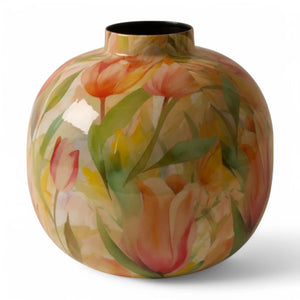 Metalen vaas met een print van tulpen in diverse kleuren d: 25cm - WinQ