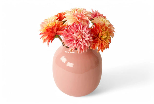 Vaas metaal 19x19x20cm in de kleur roze opening 11cm inclusief boeket kunstbloemen - WinQ