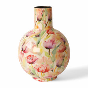 Grote metalen vaas met print van tulpen in de maat 23x30cm - WinQ