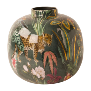 Vaas celestial met dieren en bloemenprint met basis petrol en diverse kleuren geel groen en roze  - WInQ