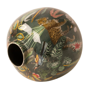 Liggende Vaas celestial met dieren en bloemenprint met basis petrol en diverse kleuren geel groen en roze - WInQ