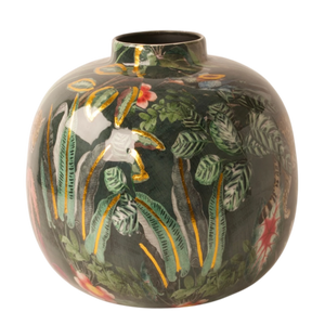 Vaas celestial met dieren en bloemenprint met basis petrol en diverse kleuren geel groen en roze - WInQ